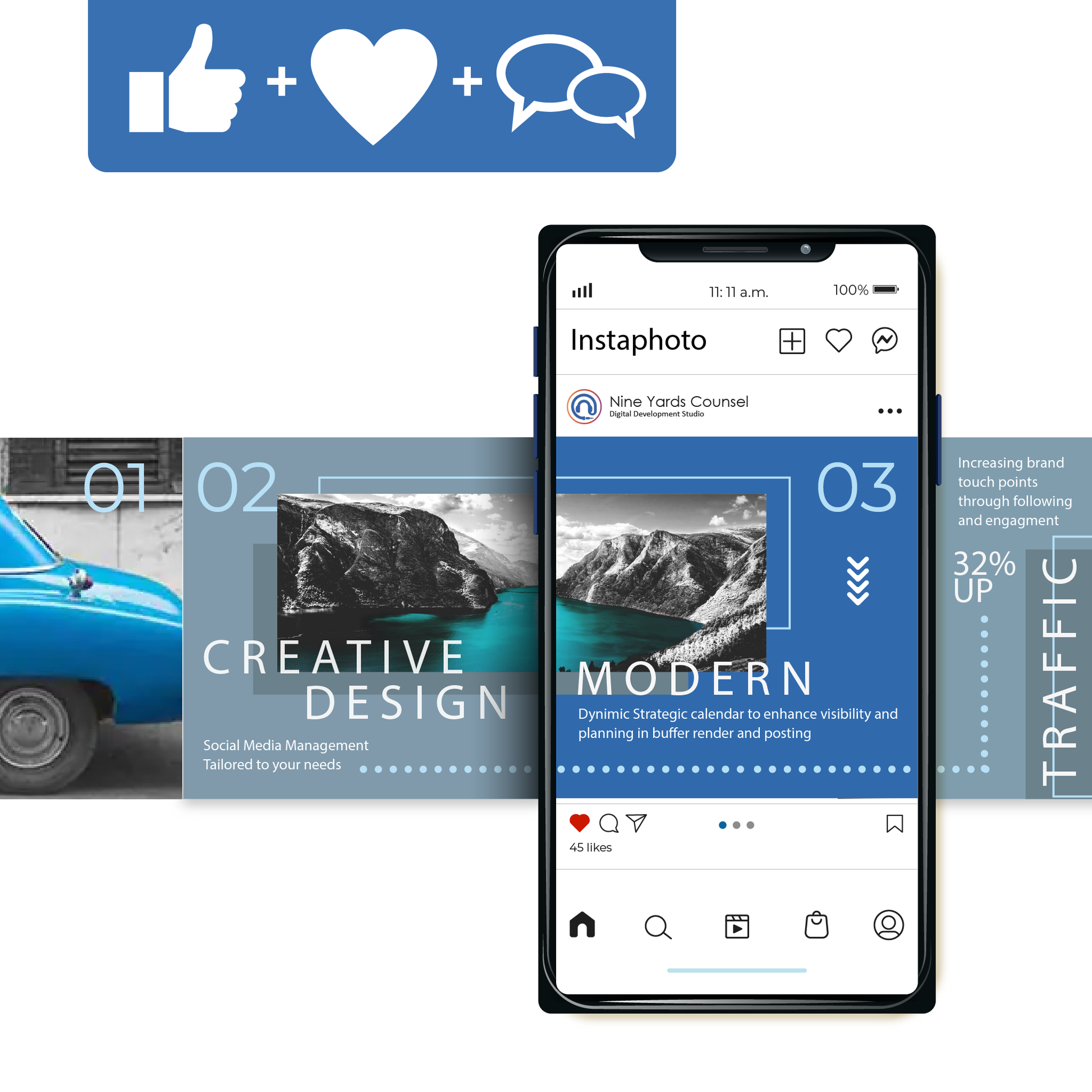 Nine Yards Counsel digital agency social media management, offering tiered plans for strategic content creation and audience engagement.